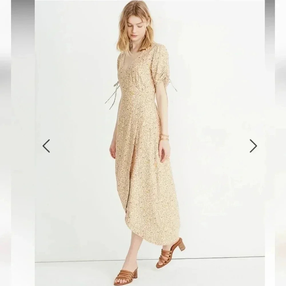 Madewell Yellow Floral Wrap Front Maxiโ Dress Short Tie Sleeve 2P V-Neck